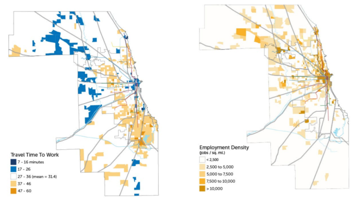 Commute times and employment density in Cook County. Image: Center for Neighborhood Technology