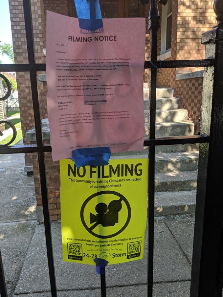A filming notice, and a "No Cinespace" flier.