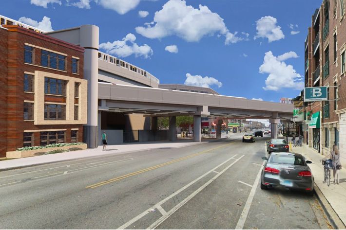 Rendering of the Belmont flyover, as seen from Clark Street north of Belmont.