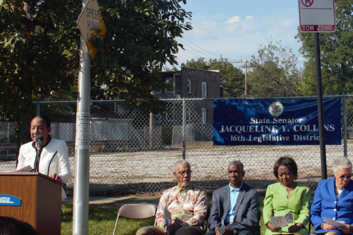 State Senator Jacqueline Y. Collins speaks at the groundbreaking, joined by U.S. Representative Bobby Rush, Alderman David Moore, . Photo: David Zegeye