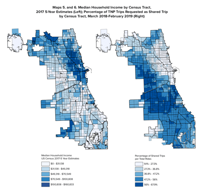 Unsurprisingly, the percentage of ride-hailing trips taken by via shared services like Uber Pool and Lyft Line is inversely proportionate to how wealthy a neighborhood is. Image: City of Chicago