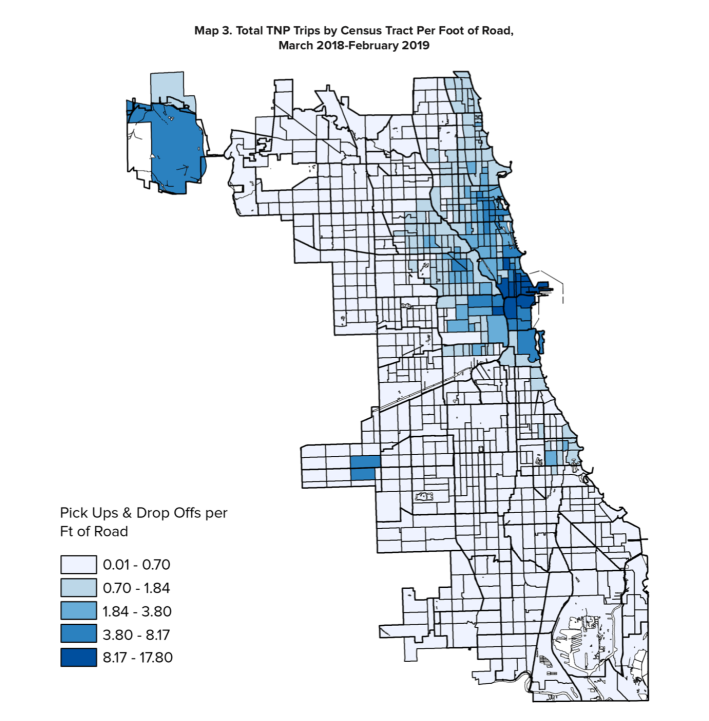 Most ride-hailing trips are taken in transit-dense ares on the North Side and downtown, and almost half of them are replacing CTA transit trips. Image: city of Chicago