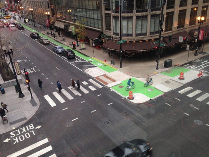 The intersection of Chicago's Randolph Street and Dearborn Street protected bike lanes. Photo: John Greenfield