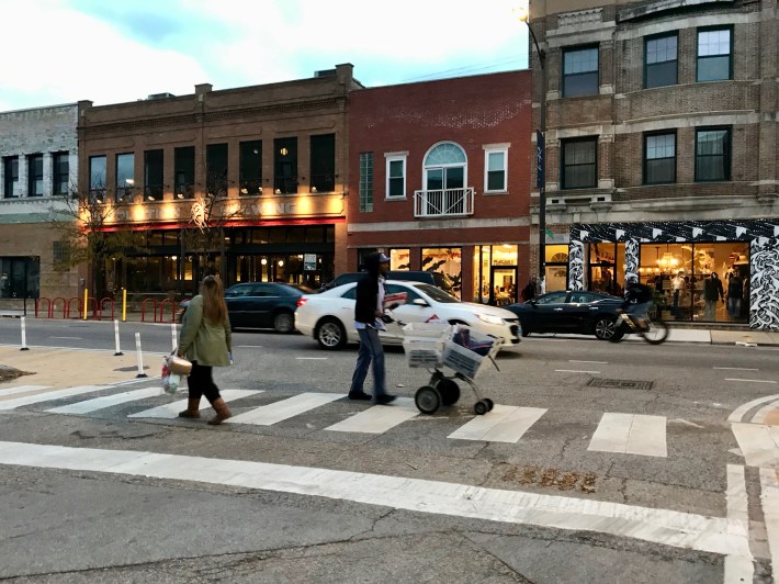 The sidewalk extensions shorten crossing distances. Photo: John Greenfield