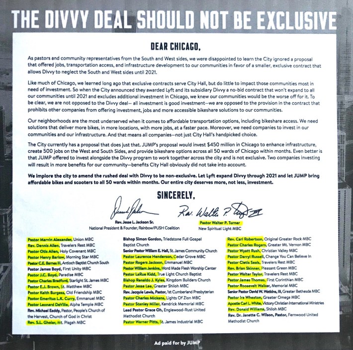 Uber/JUMP's April Sun-Times ad protesting the Divvy/Lyft deal, with the names of the ministers who are currently helping Uber fight the ride-hail tax highlighted.