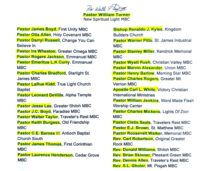The 35 ministers who signed a letter on behalf of Lyft against the fair ride-hail tax. All of these names match the highlighted names in a Sun-Times ad purchased by Uber and JUMP last spring protesting the Divvy/Lyft expansion deal.