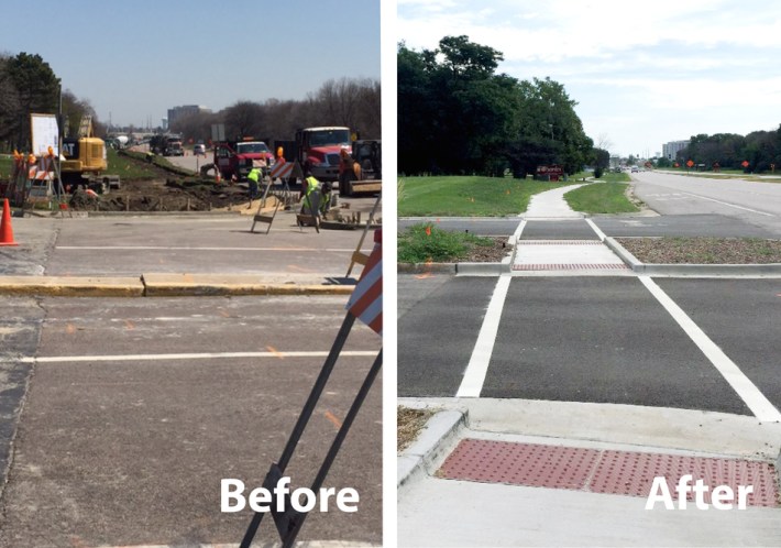 A sidewalk and crosswalk along a two-mile section of Golf Road in Rolling Meadows that is served by three Pace bus routes. Image: RTA