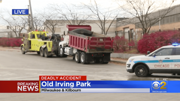 The dump truck from today's crash. Image: CBS Chicago