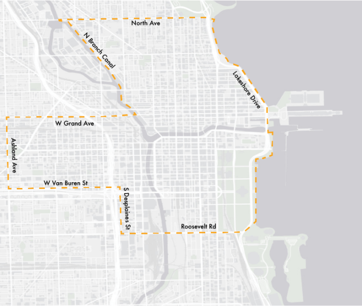 The proposed downtown zone, where a surcharge would be added during peak hours. Image: city of Chicago