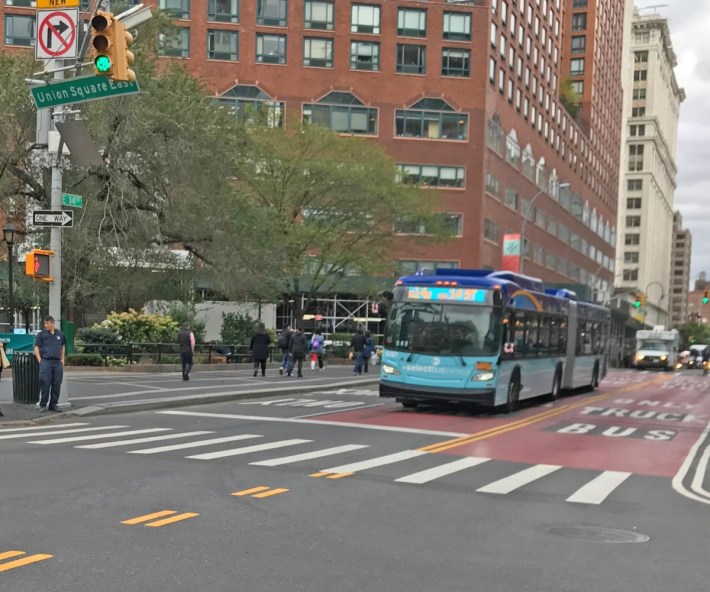 New York's 14th Street busway, which is dramatically speeding up buses, is an example of the type of bold transit project Chicago should be doing. Photo: Dave Colon