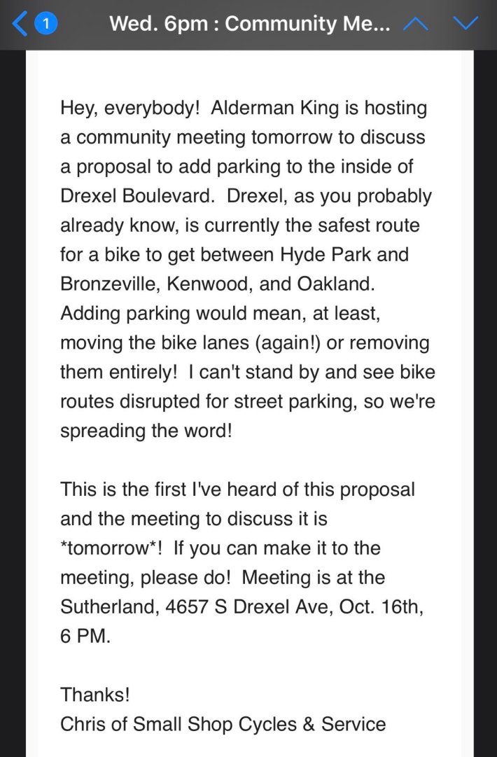 An email alert about the meeting from Small Shop Cycles.