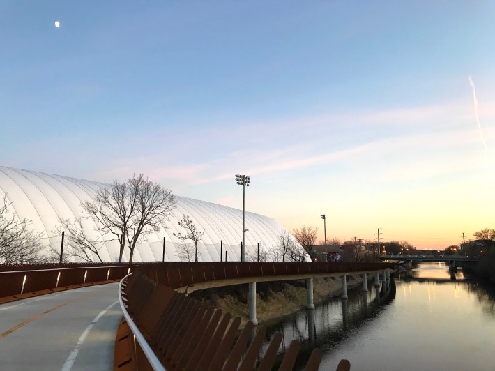 Looking south on the bridge near Grace Street. The bridge rises over 18 feet above the river. Photo: John Greenfield