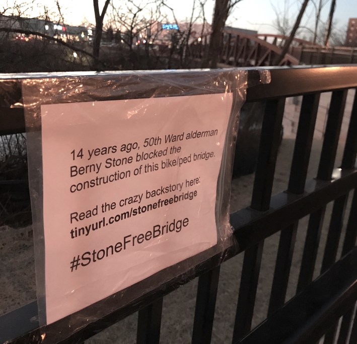 When I visited the bridge Sunday afternoon, I took the liberty of posting signs directing users to an article about Stone's opposition to the span. Photo: John Greenfield