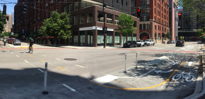 A concrete-protected bike lane on Polks Street in the South Loop. Photo: CDOT