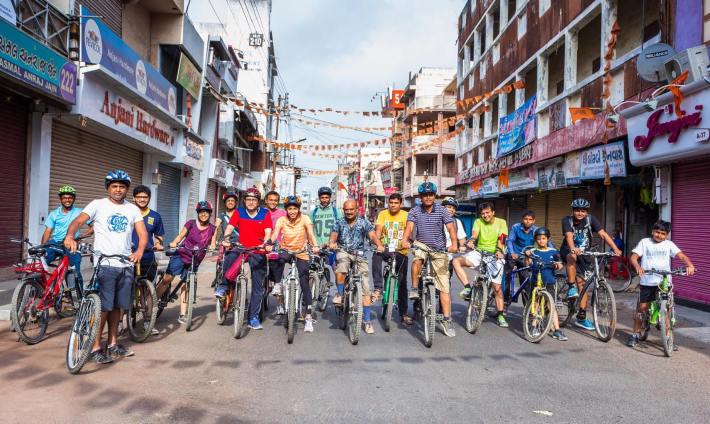 A bicycle mayor leads a ride in an Indian city. Photo: BYCS