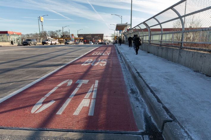 Bus lane on 79th Street near the Red Line stop. Photo: CDOT