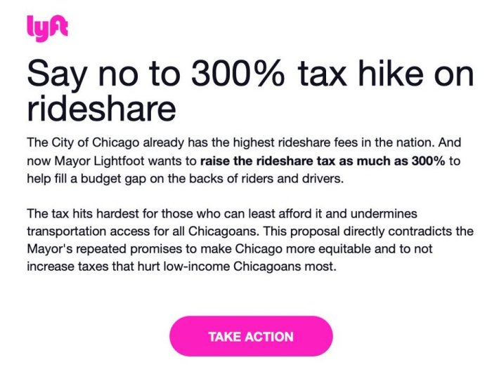 A message from Lyft to customers asking them to fight Chicago's new ride-hail tax.