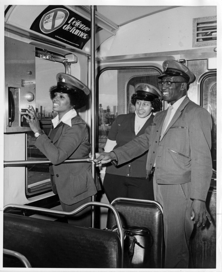 A 1974 photo shows the first two female CTA conductors undergoing training. Photo: CTA