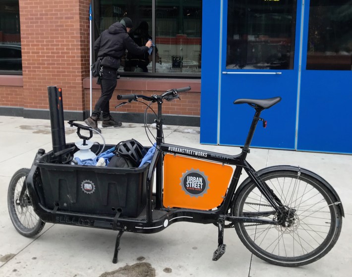 Urban Street Works window washers uses cargo bikes to transport their gear. Photo: John Greenfield