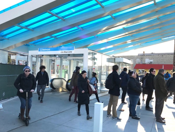 The recent $17 million renovation of the Belmont Blue Line station on the O'Hare branch included a large canopy, but no elevators. Photo: John Greenfield
