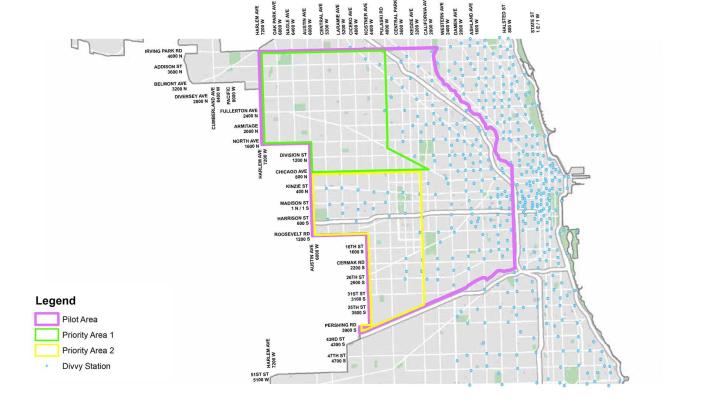 The 2019 pilot zone. The vendors were required to place 25 percent of their fleet in each of the two priority areas, which have relatively few or no Divvy stations.