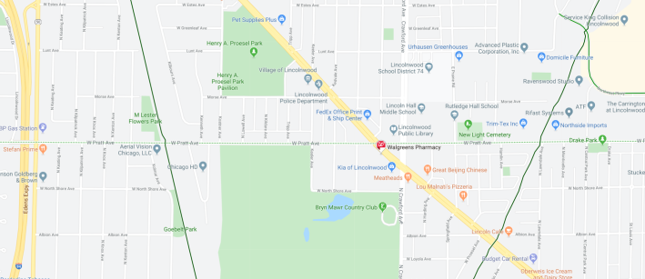 The project area. The dotted green line is Pratt, the solid green line to the west is the Valley Line Trail, and the solid green line to the right is the Union Pacific Trail. Image: Google Maps