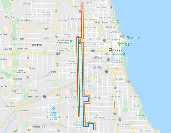 The old #52 California / Kedzie (red) and #94 South California (blue) routes will be replaced by the new #52 Kedzie (green) and #94 California routes. Image: John Greenfield via Google Maps
