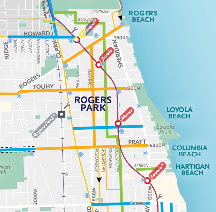 Rogers Park bike facilities, including the Glenwood/Greenview greenway (green) conventional bike lanes (blue), and signed and/or sharrow routes (orange.) Image: The Chicago Bike Map