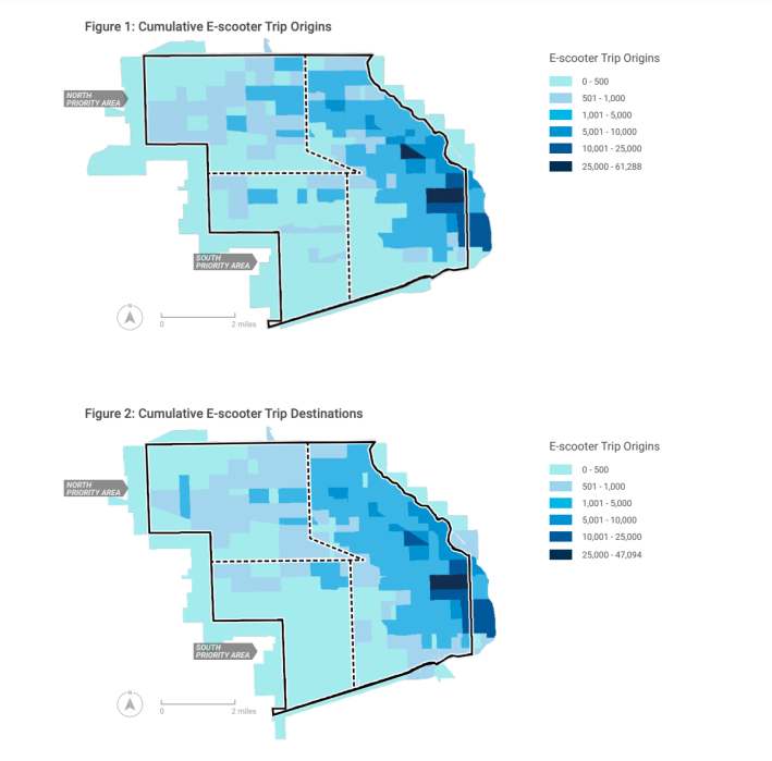 Scooter use was heavily concentrated in the West Loop and along the Blue Line and Milwaukee Avenue. Image: City of Chicago