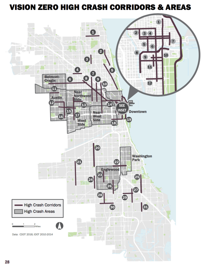 High Crash Corridors and High Crash Areas identified in Chicago's Vision Zero plan. Image: CDOT