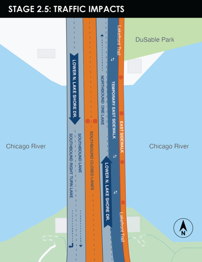 The temporary on-street protected bike/ped path is the dark blue stripe (Temporary East Sidewalk) on this map. Image: CDOT