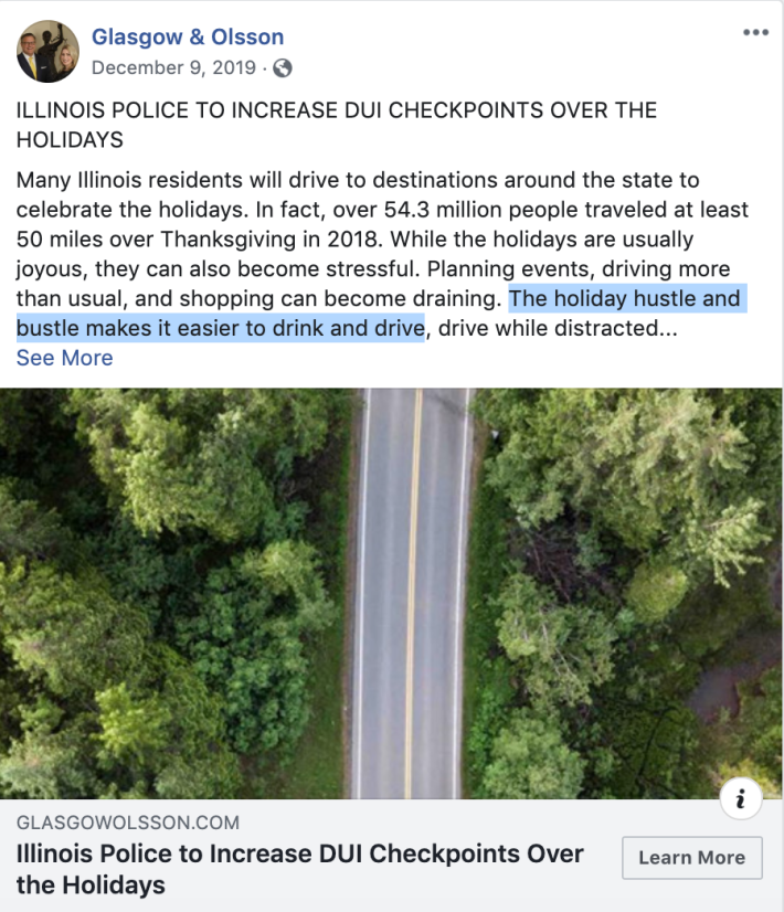 A Glasgow and Olsson Facebook post, highlighted. "It's not your fault you chose to drink and drive -- blame the holiday hustle and bustle!"