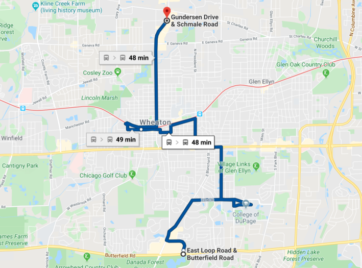 Amber's husband's work commute would take 1:08, including 10-minute walks to and from the bus stops -- if all went well. Image: Google Maps