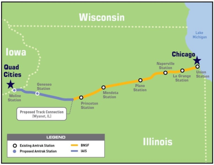The planned route between the Quads and Chicago. Image via IllinoisRail.org