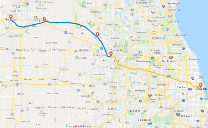 Approximate route of future Amtrak service between Rockford and Chicago along Union Pacific (blue) and