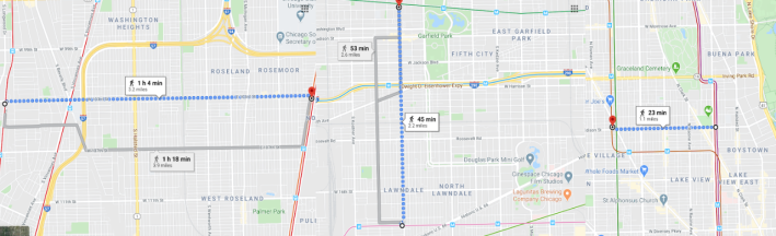 Distance to nearby transit lines. Image: Google Maps