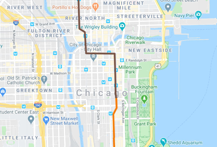 How an inbound Orange train turns into an outbound Brown train. Image: Google maps
