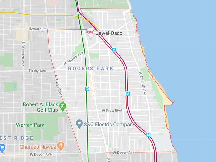 Multiple transit stations help make Rogers Park a relatively easy place to live car-free. Image: Google Maps