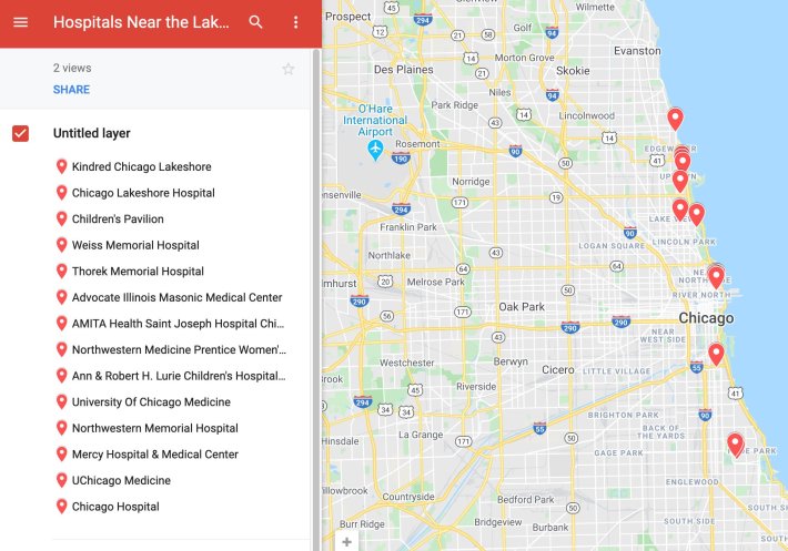 Hospitals near the Lakefront Trail. Map: John Greenfield via Google Maps