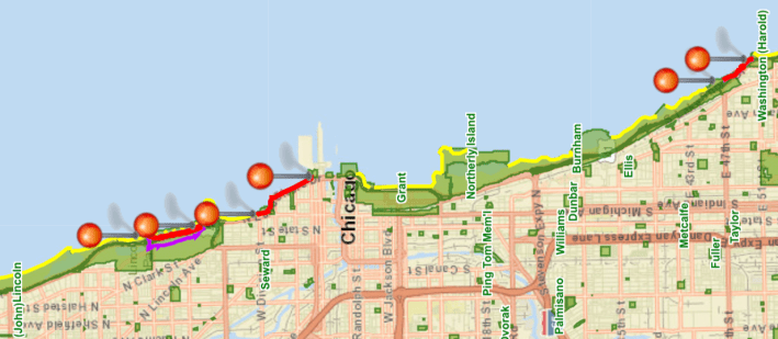 The park district Lakefront Map. Pins indicate closures, red is closed areas, and yellow is caution areas.