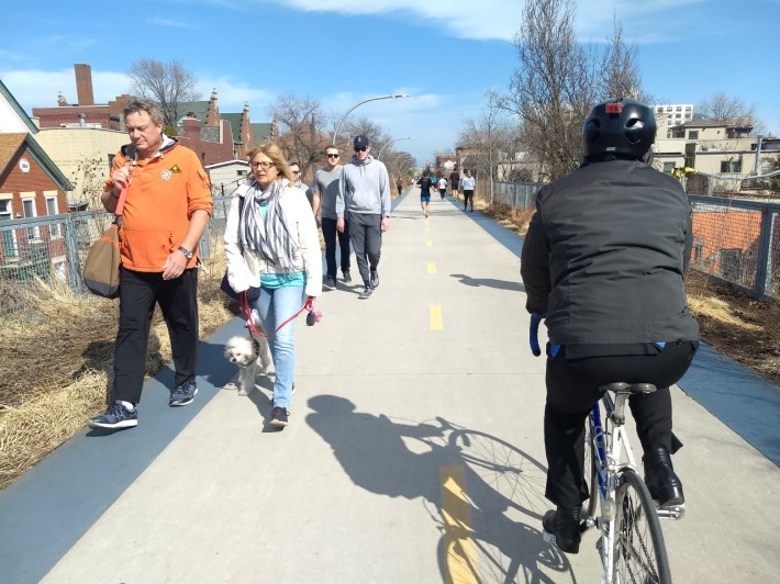 Residents attempting to practice social distancing on The 606 yesterday. Photo: Michael Burton