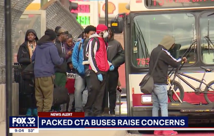 A crowd boards a 79th Street bus. Image: FOX 32
