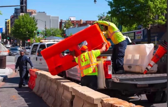 Using Jersey barriers to create sidewalk extensions in D.C. Photo: DDOT