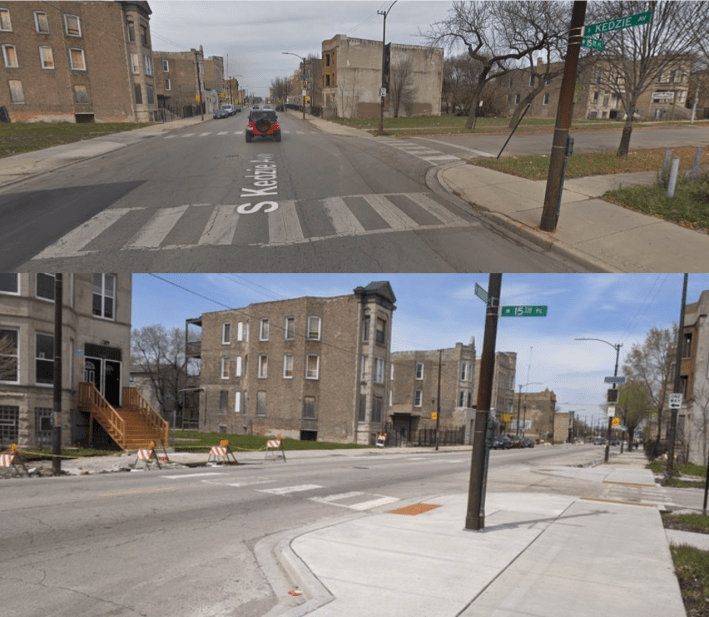 15th Place and Kedzie Avenue before and after the new bump-outs were installed. Images: Google Maps, Cathy Haibach