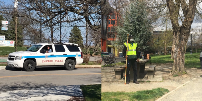 A Chicago police officer parked at the lakefront, and a Seattle Social Distancing Ambassador stationed in a park with a six-foot staff for demonstrating proper social distancing. Photos: John Greenfield, Suzanne Phan via Twitter