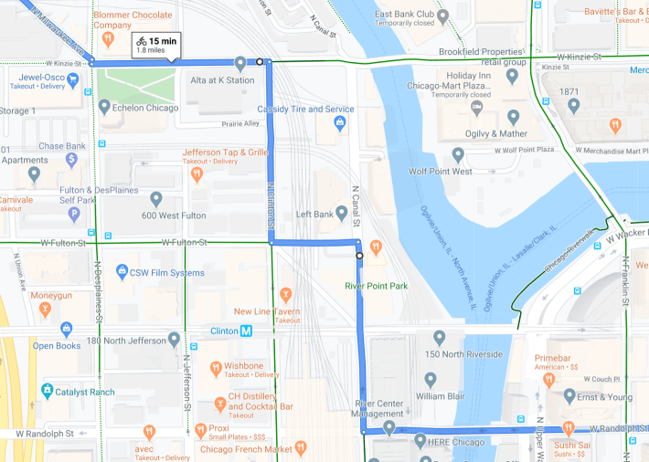 A possible route to bike from the Loop to Milwaukee Avenue proper once the one-block stretch of Milwaukee between Fulton and Lake is closed. Image: Google Maps