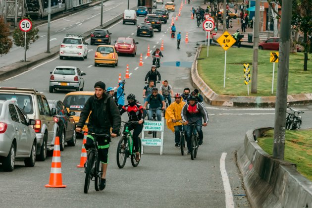 An emergency bike lane created to de-crowd transit during the pandemic in Bogotá, Colombia.
