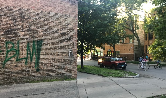 A Black Lives Matter tag by the Leland Avenue Slow Street in Chicago's Lincoln Square neighborhood. Photo: John Greenfield