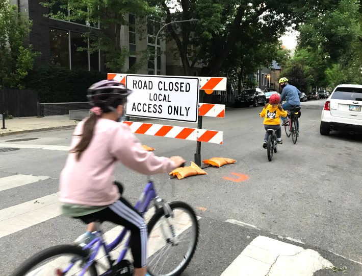 A family rides on the Bloomingdale alternative Slow Street route. Photo: John Greenfield