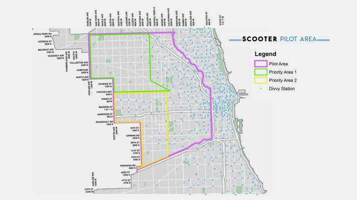 Last year's scooter pilot area, including priority zones on the West Side. Image: CDOT